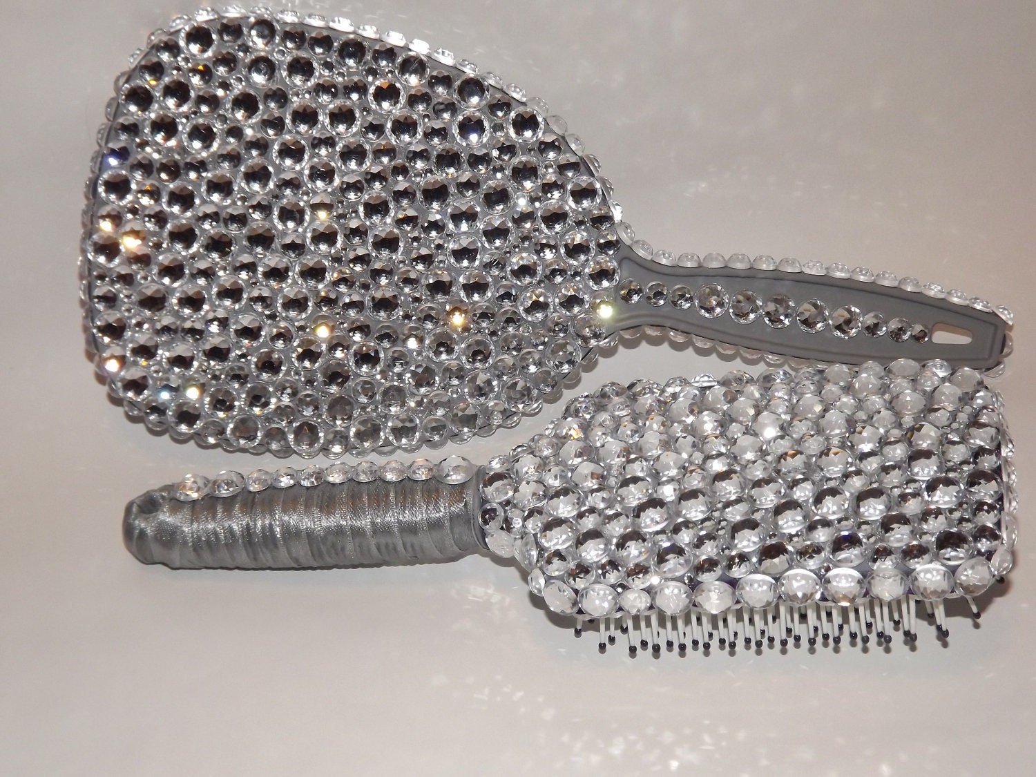 Rhinestone Bling Hand Mirror and Brush Set Silver