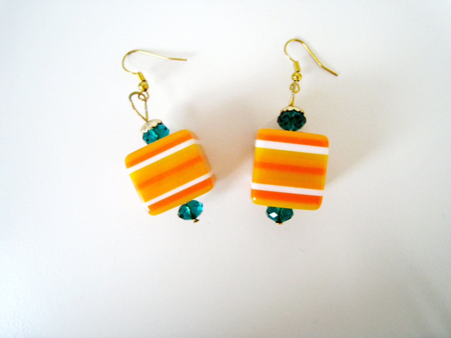 Tangerine Sweets For My Sweetie Kitsch Candy Earrings with Orange, White Stripes and Green Gemstone