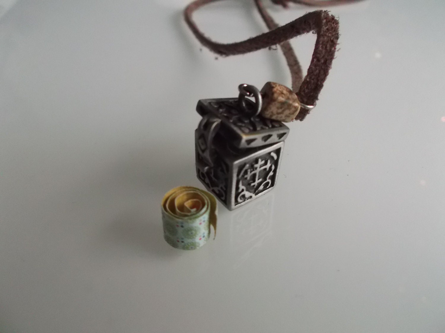 Brown leather necklace with gemstone, prayer box & personal note. Pagan hippie locket gothic cross male templar crusader lucky herb charm 4