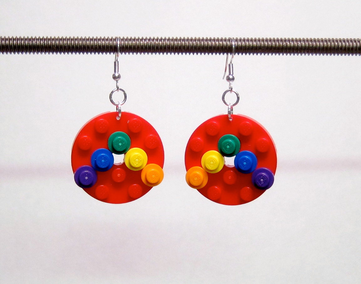 Red disk earrings with rainbow pieces and silver plated ear wires