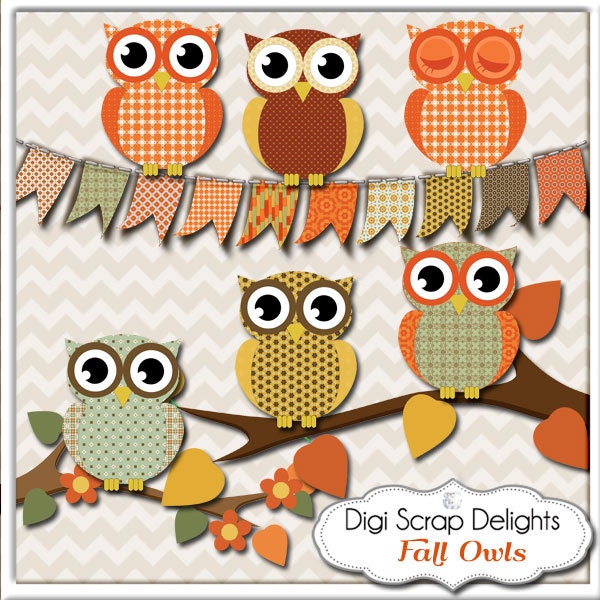 Fall Owls Clip Art  Thanksgiving Scrapbooking, Autumn  Colors Brown, Gold, Oranges, Instant Download