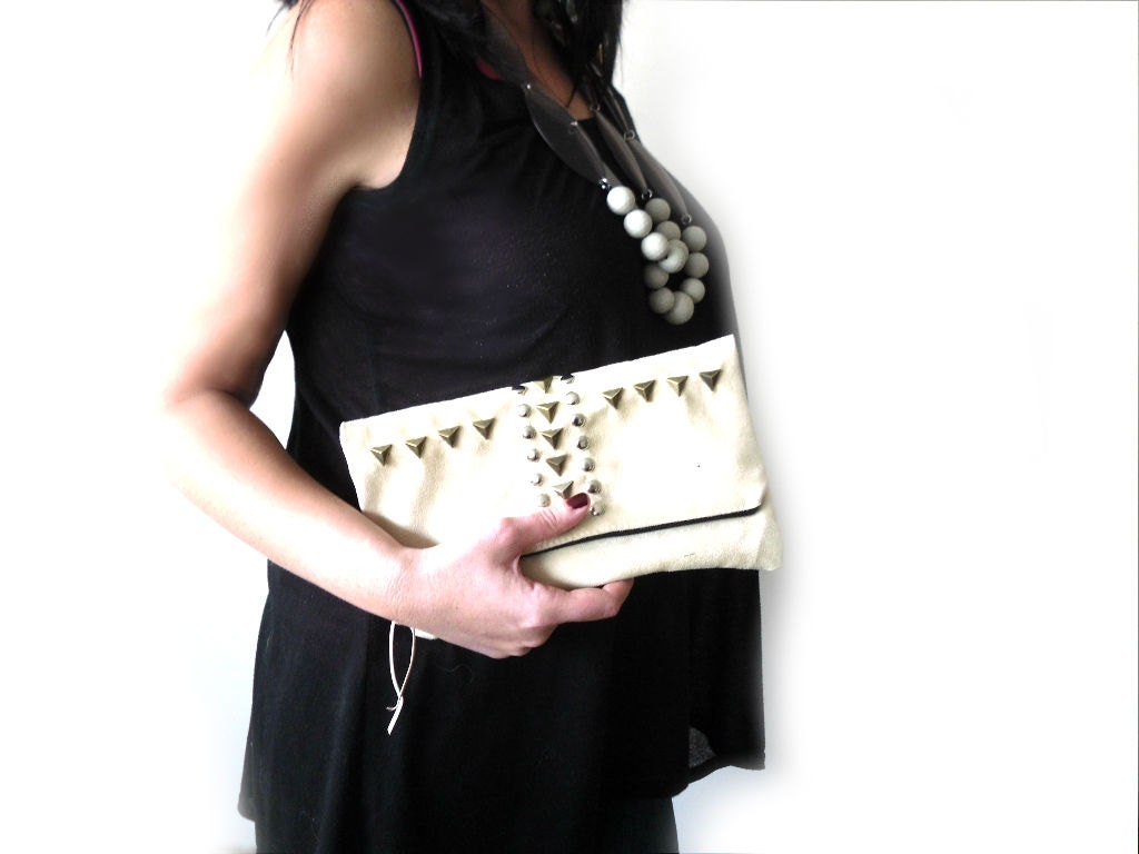 Studded clutch purse, Foldover, Beige Tan