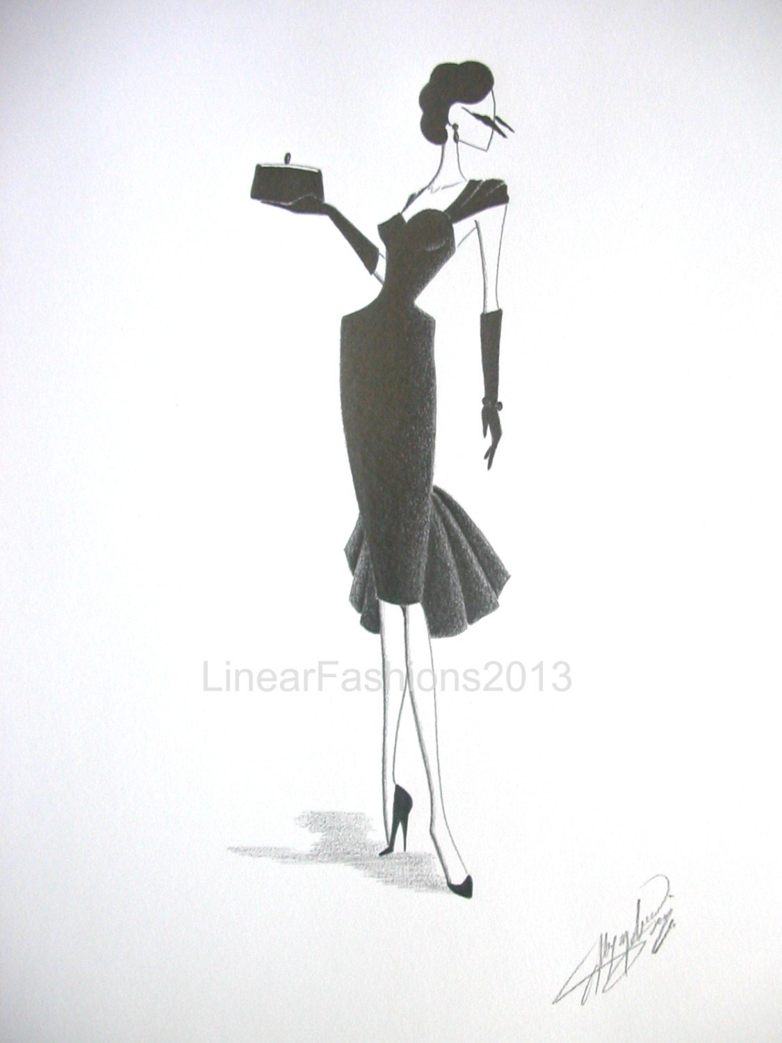 Fashion illustration, little black dress art, 1950s cocktail dress, original pencil drawing, art gift