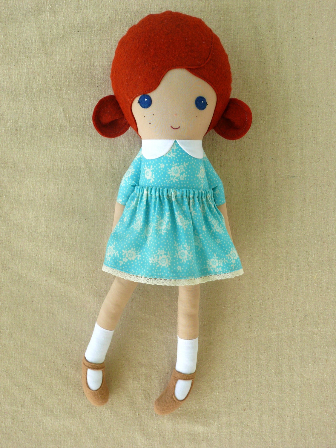 Fabric Doll Rag Doll Cloth Doll Red Haired Girl in Blue Floral Dress