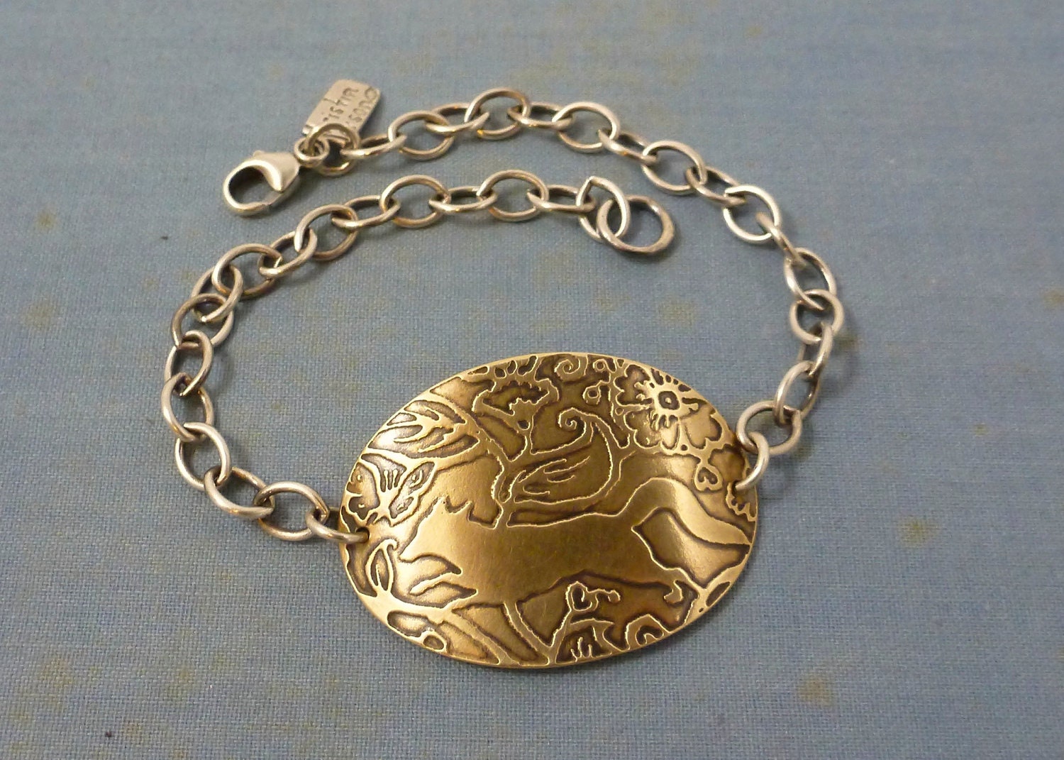 fox and butterfly bracelet -  brass charm - sterling silver chain - A Fox in the Meadow ID bracelet - wild flowers- vintage woodland animal