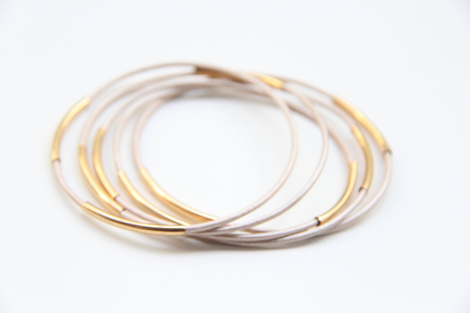 Set of 5 pale golden white leather Bangle Bracelets with gold bars - 24k gold plated