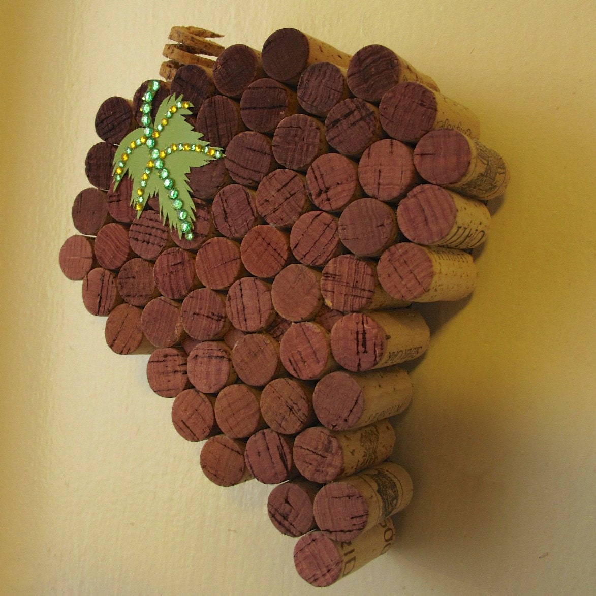 Wine Cork "Grapes on a Vine" Accented with a Hand-Cut Paper Leaf with Rhinestone Details and Hand-Carved Corkscrew Cork Stem