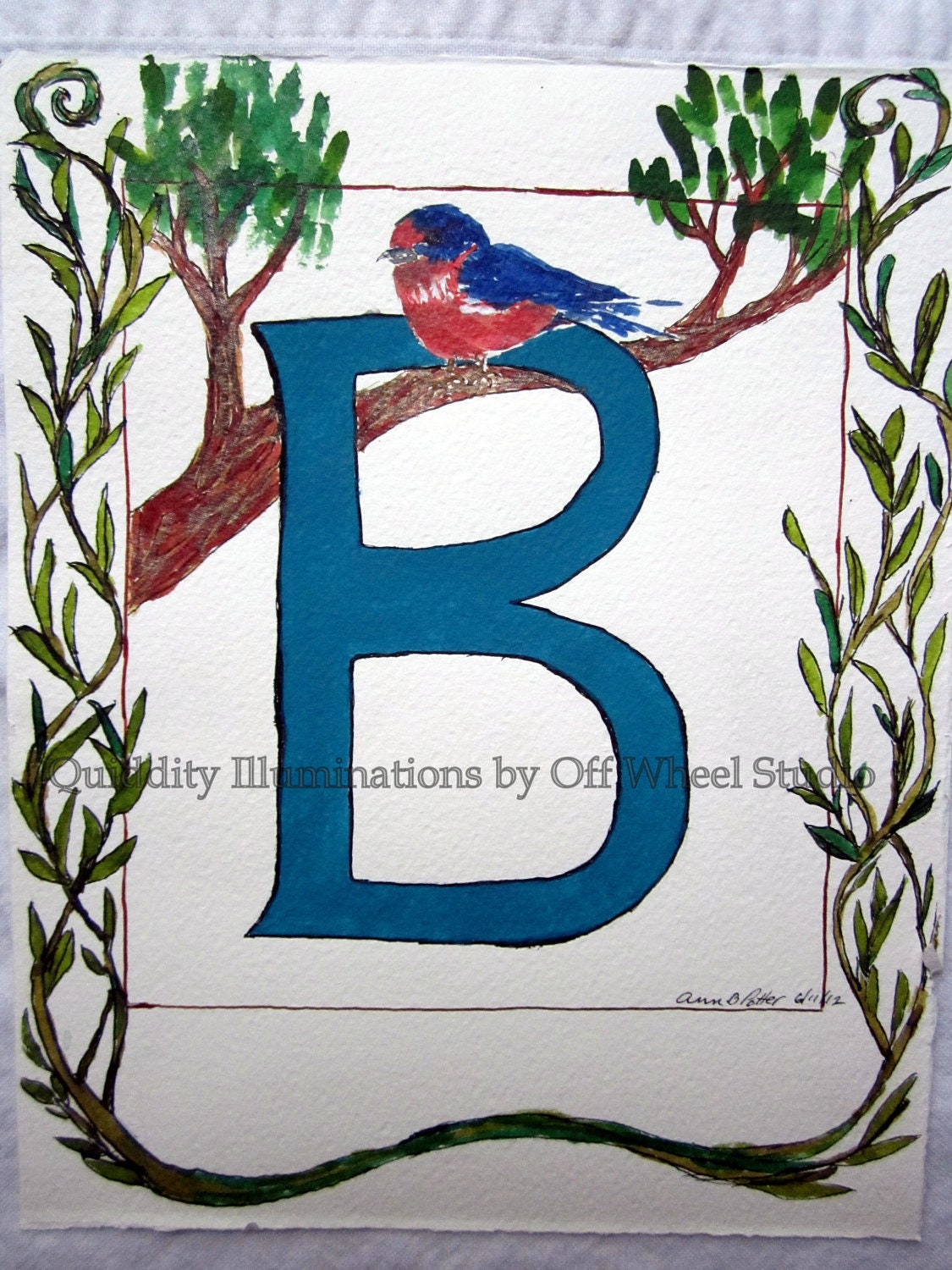 Blue bird pen and ink  nursery decor drawing B is for Bird