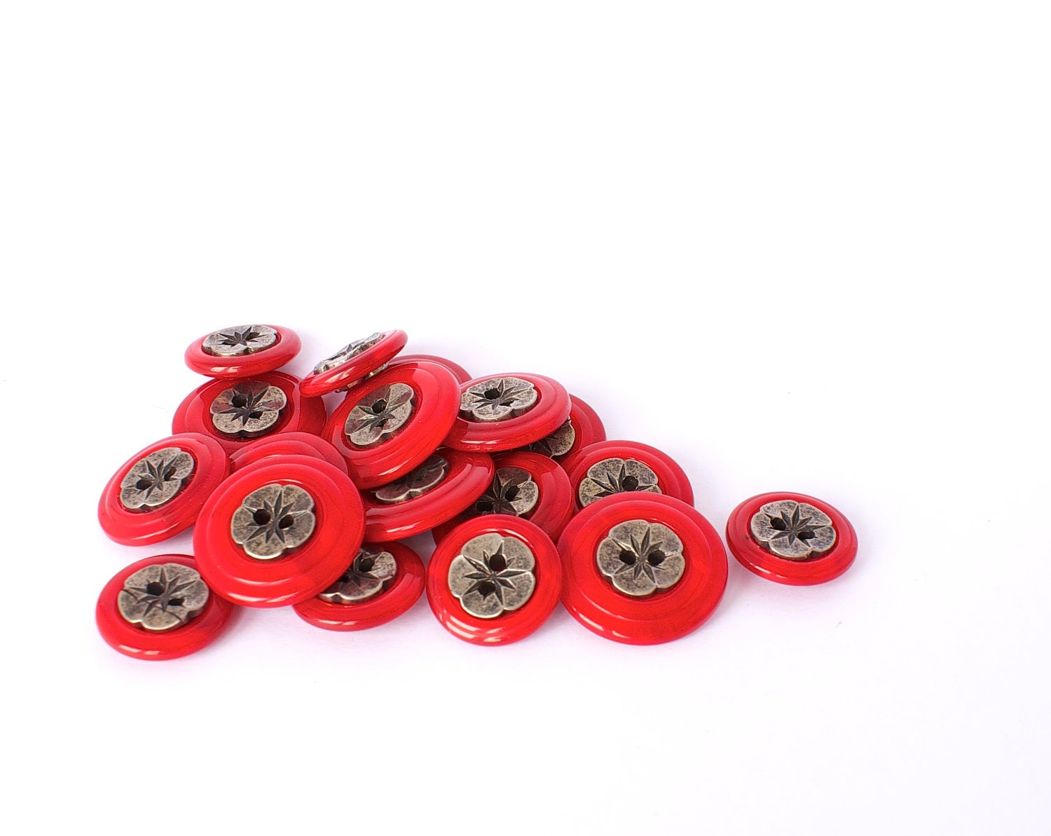 Vintage red grey buttons, plastic  buttons with flower, lot of 18