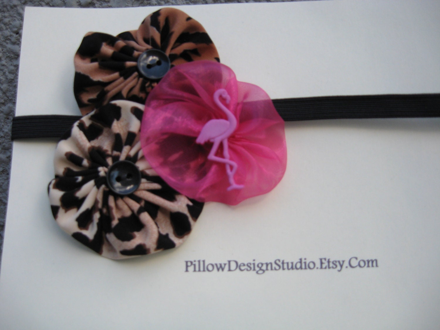 Funky hot pink flamingo headband -- head band with pink flamingo, leopard print fabric -- free gift wrap