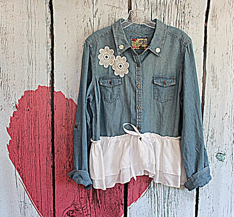 Denim Upcycled Women's Shirt / Ladies Chambray Top