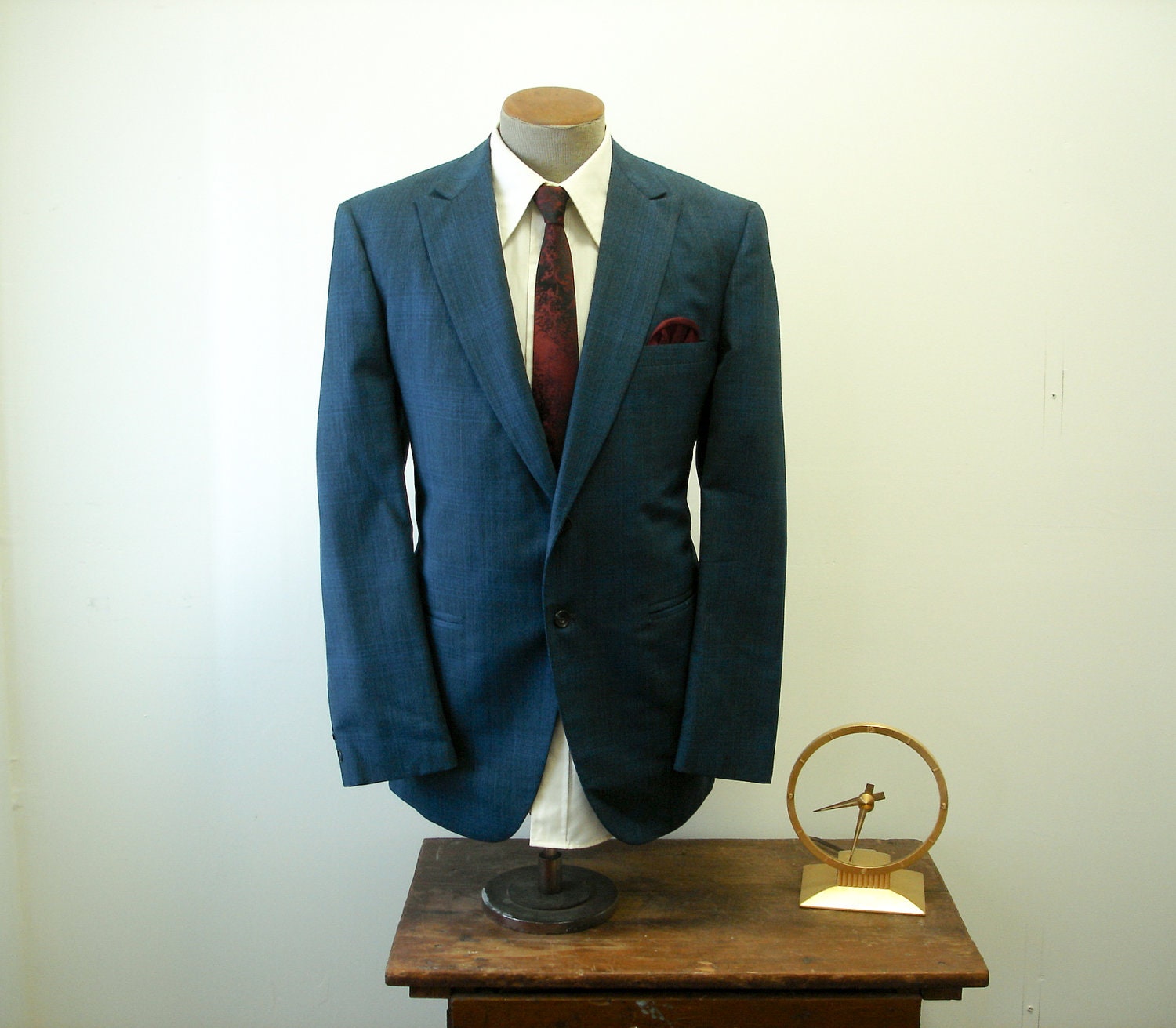 1950s-60s MOD Blue Suit Jacket Mad Men Era Plaid Sharkskin Blazer / Sport Coat by Stylecraft for Gibbs Clothing Co. - Size 42 (LARGE)