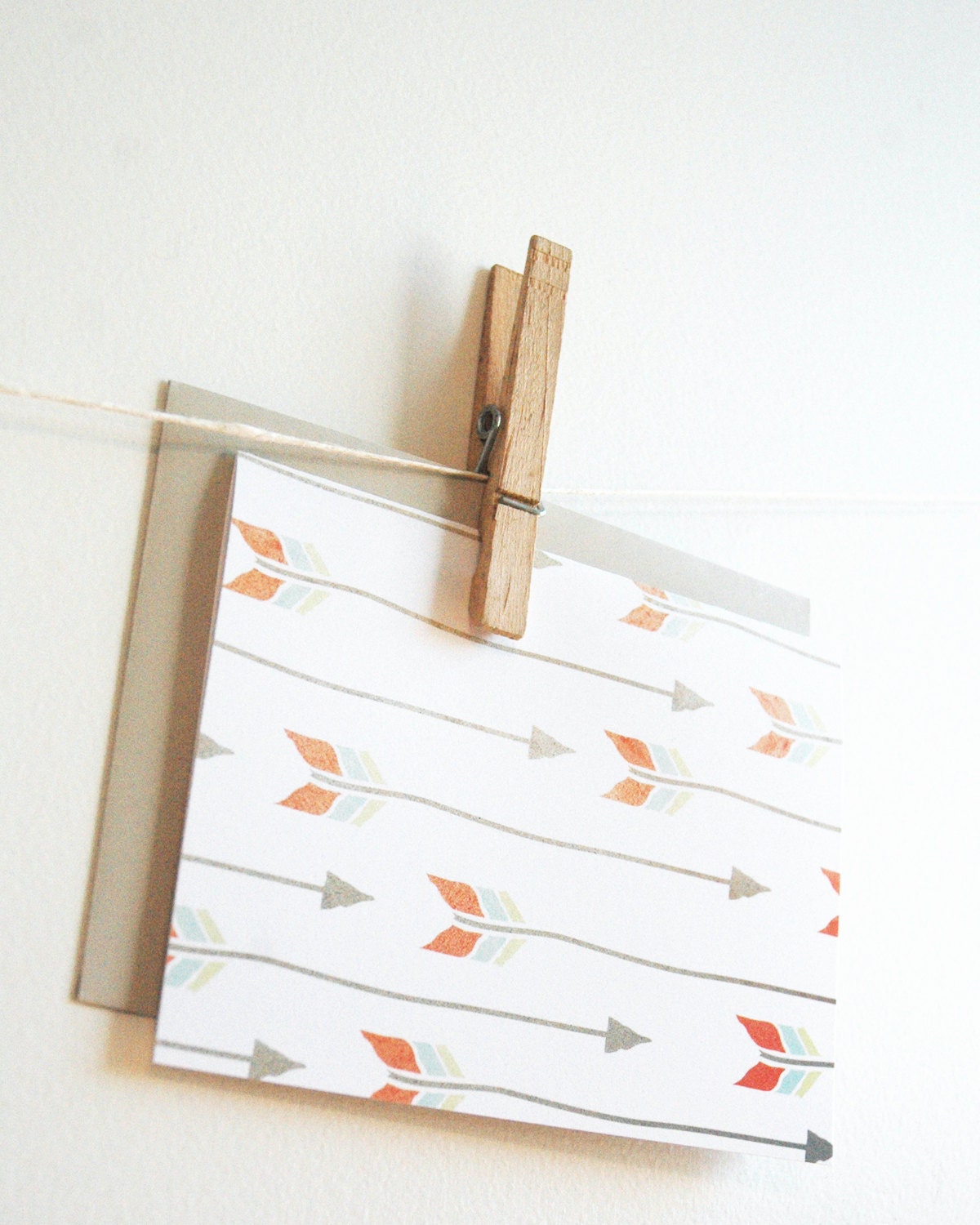Set of 5 Arrows Stationary Cards in Charcoal Grey, Coral, Light Blue, and Cucumber with Matching Paper Bag Envelopes - Blank Inside