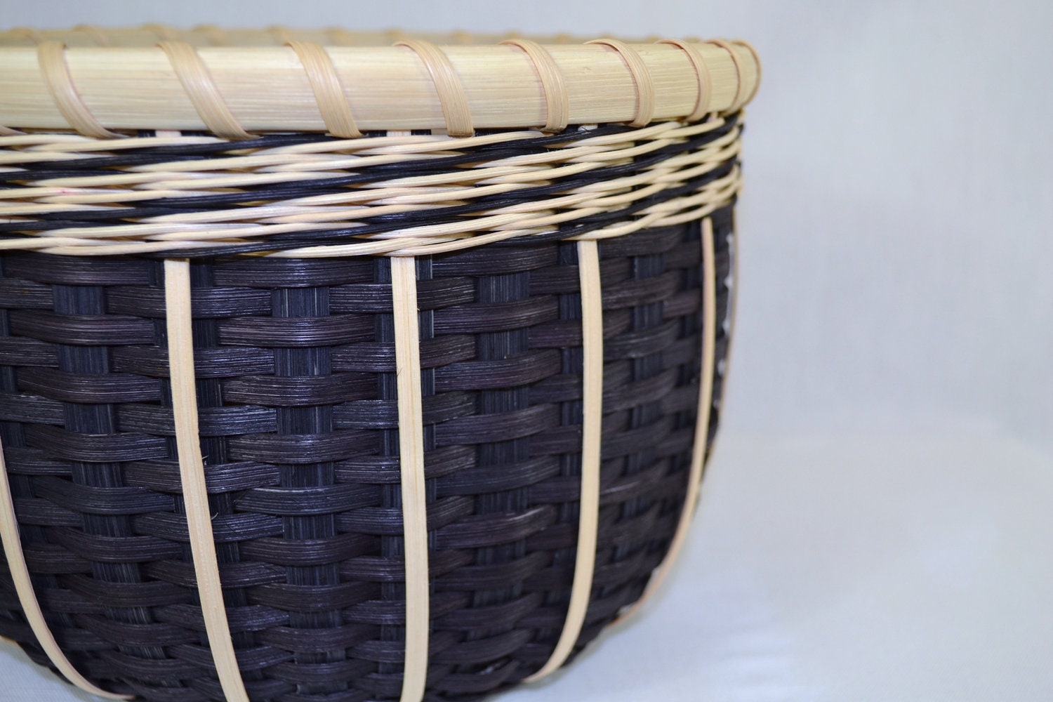 Black and White Round Handmade Basket, Reed or Wicker Woven for Table, Fruit, Vegetables, or Decorative