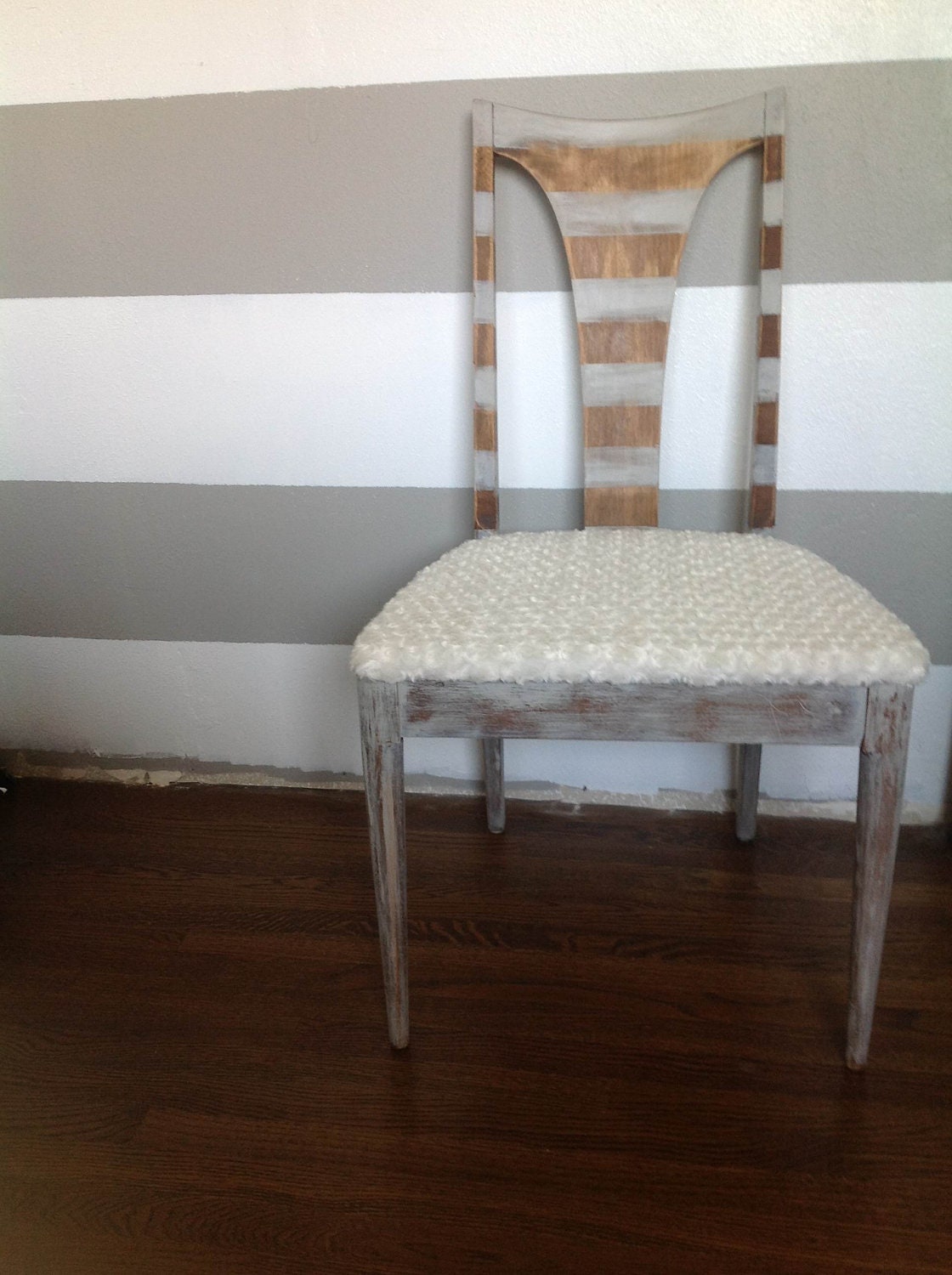 Distressed Mid Century Modern Danish Grey Striped Wood Chair with White Fabric