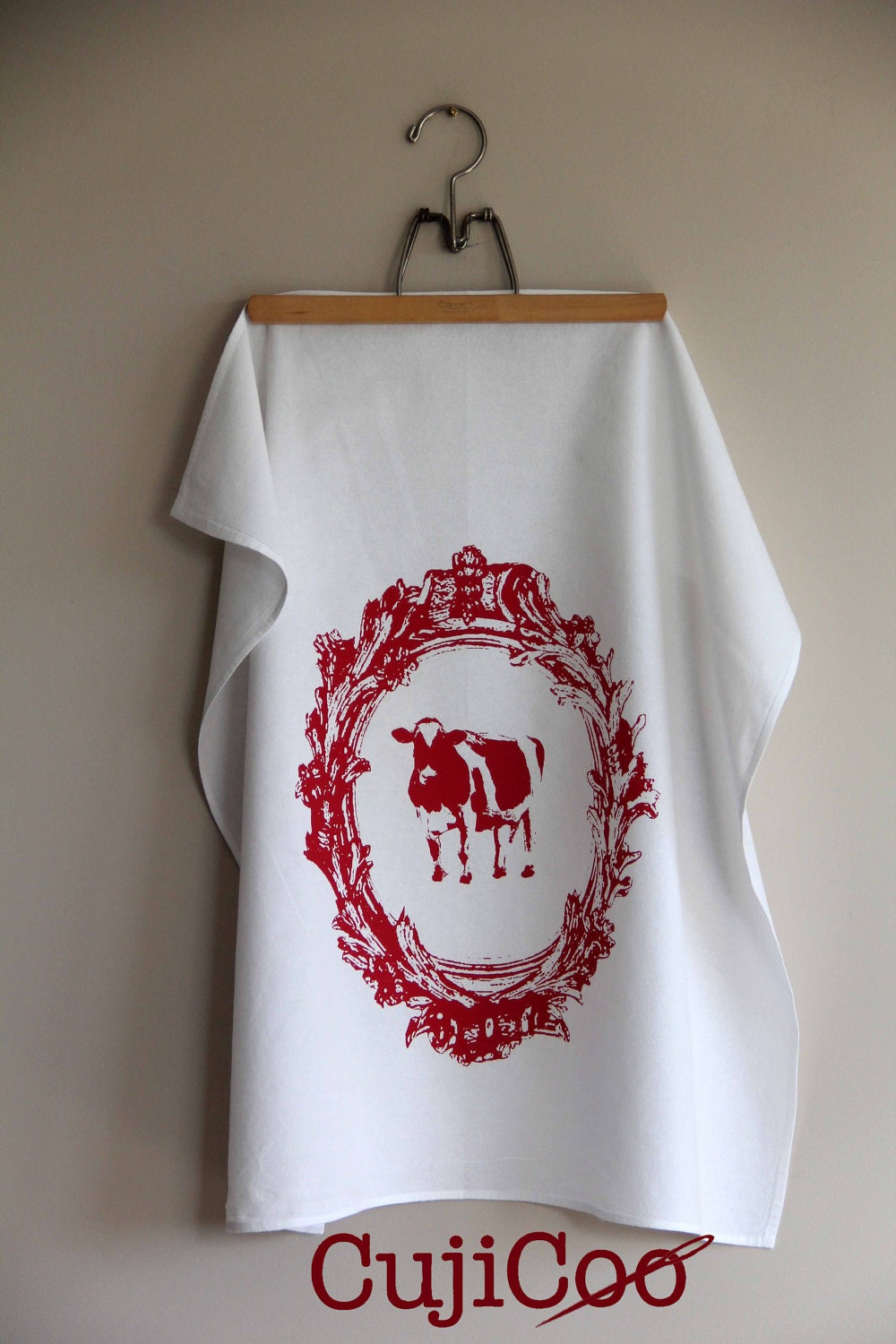 Screen Printed Organic Cotton Vintage Cow design Flour Sack Tea Towel - Kitchen Towel for Dishes