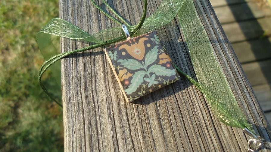 Orange and Green Flower Pendant, Unique Necklace