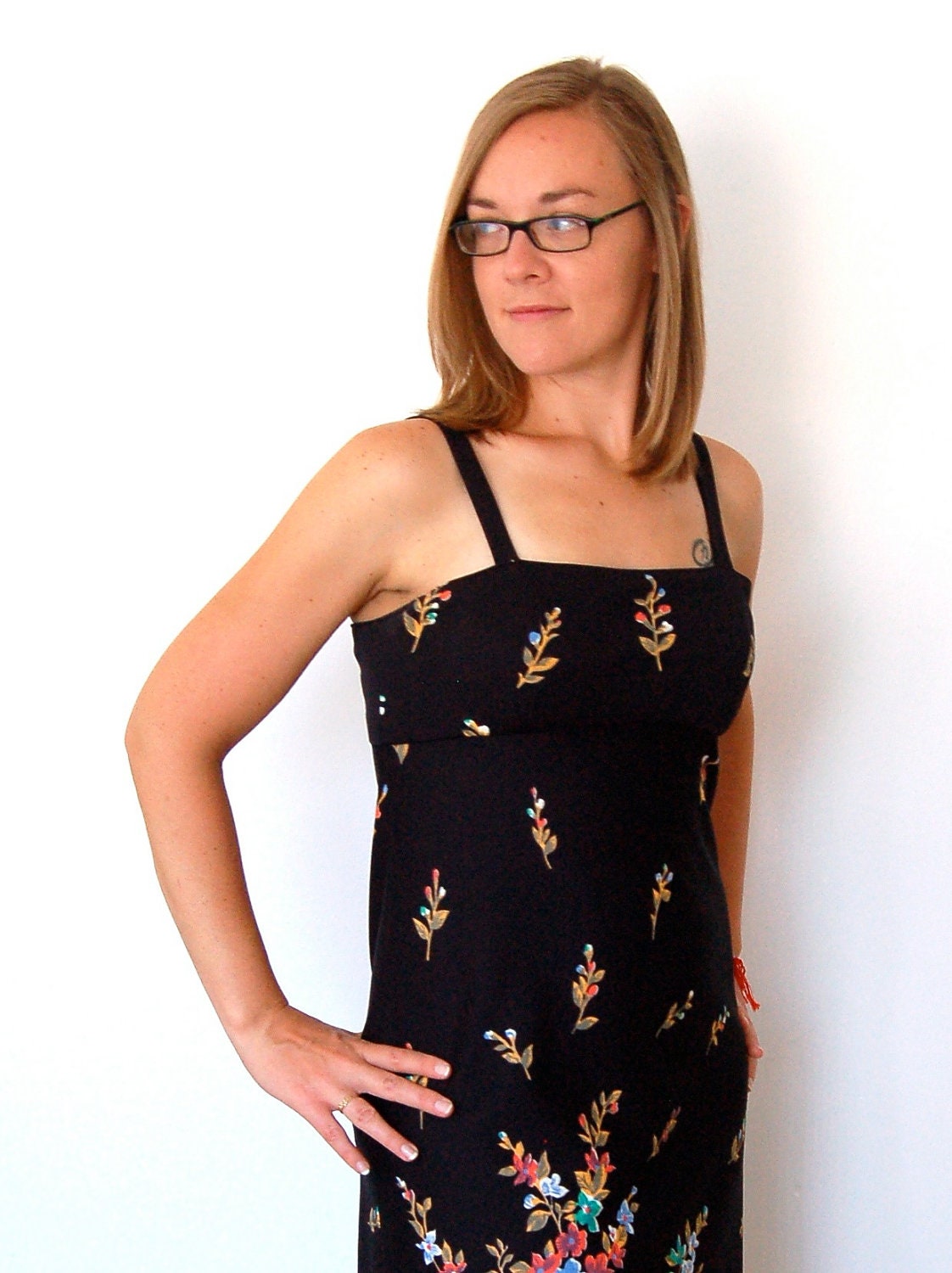 Vintage Dress - 1970s Black Floral Dress w/ Sheer Shawl