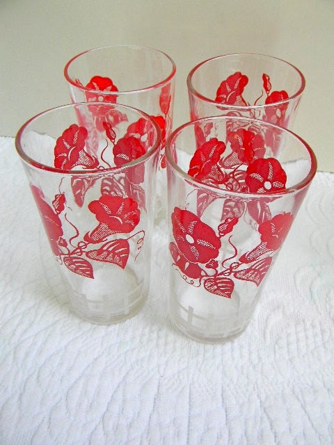 set of four vintage glasses red flowers