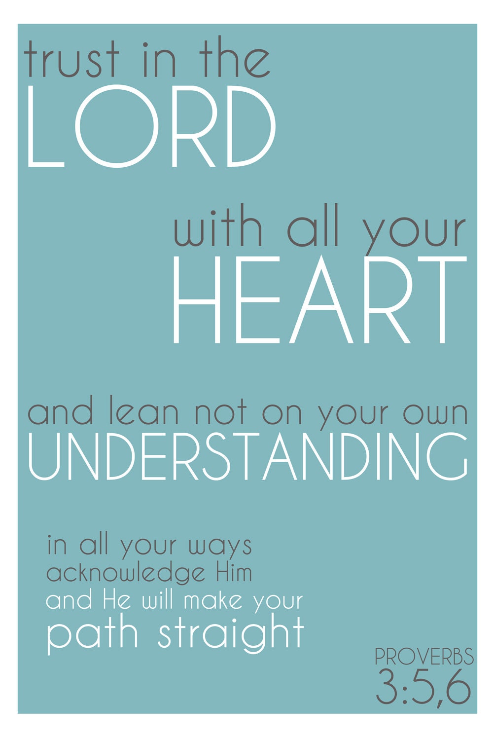 Word Art Print: Trust In the Lord with all your heart Proverbs 3v5-6 bible verse quote poster - blue white simple decor - rdprints