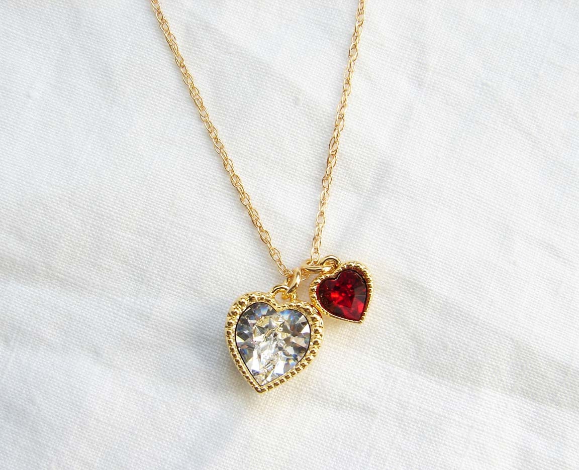 Swarovski Twin Heart Necklace. Crystal Clear and Siam Red Heart Charm. Gift for her. Simple Modern Jewelry