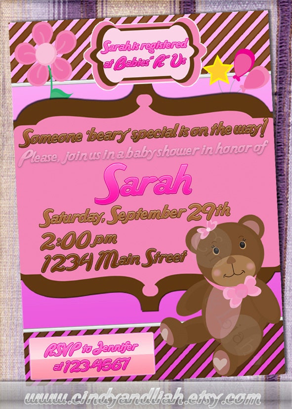 Pink and Brown Teddy Bear Baby Shower / Birthday Invitation, Thank You Note, and Label Set - Party Printables Il_570xn