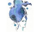Original watercolor painting Fashion illustration Blue Haired Girl with butterflies and flowers