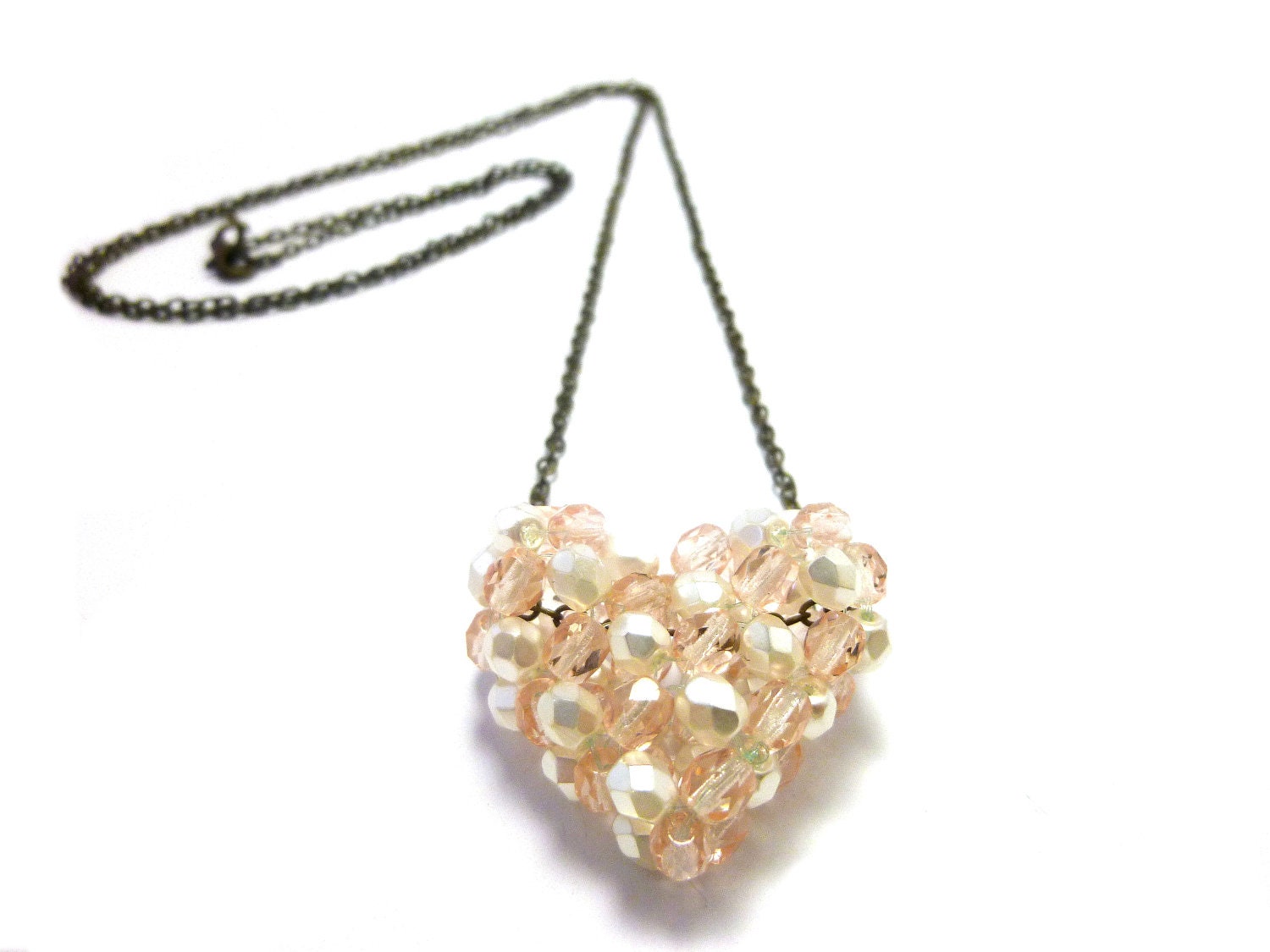 Heart Pendant, Beadwork, beaded heart, handmade necklace, pendant, necklace, jewelry, peach, soft, ivory, cream, heart, free shipping. NP03 - JewelryBeautifulMoon