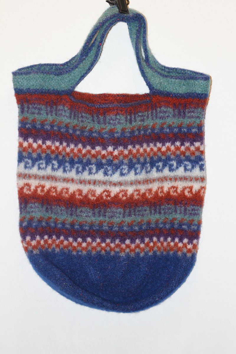 Felted Knit Tote Bag Purse Multi-Colored Blue, Orange, Purple and White