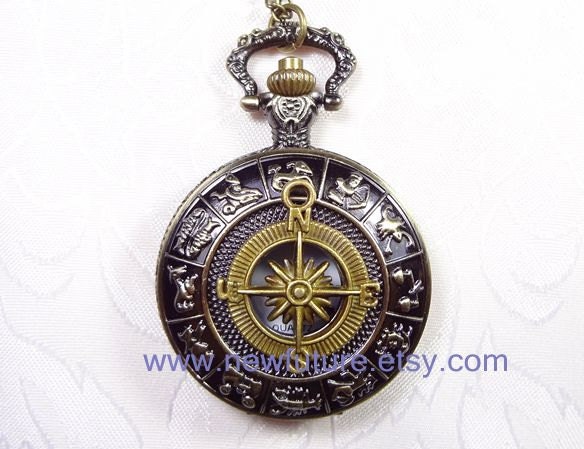 Zodiac compass Pocket Watch Necklace Big Size