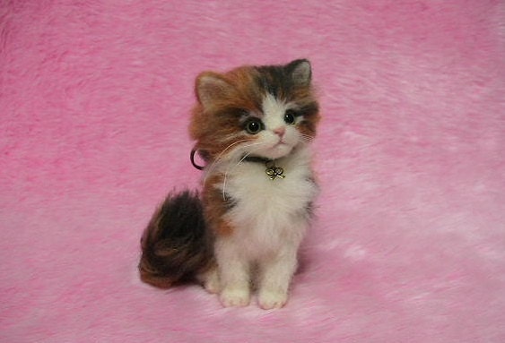 Needle Felted Fluffy Calico Kitten: Miniature Wool Felt Cat