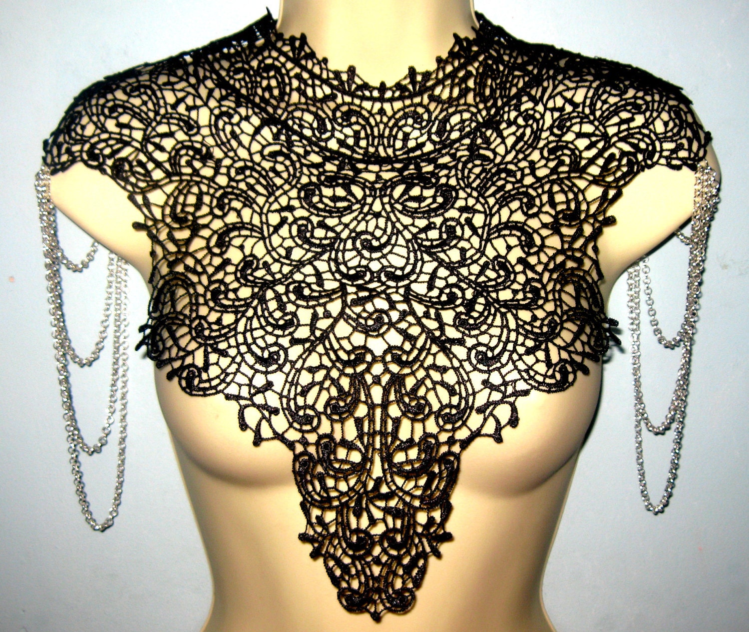 Steampunk lace black bib detachable collar necklace with silver chain epaulets epaulettes Body Tattoo Burning Man featured on VOGUE.IT - WhiteLotusCouture