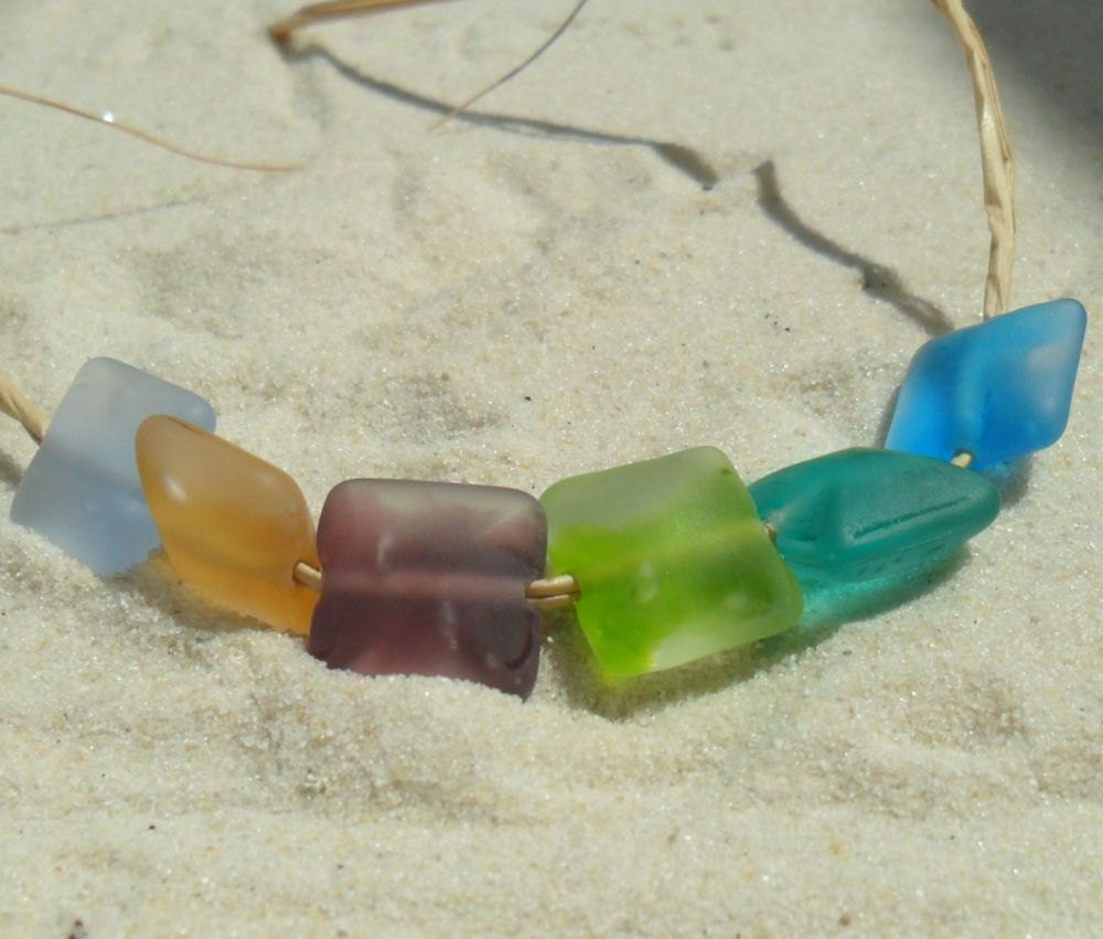 Lampwork Beads Square Etched Beach Glass,Handmade SRA LETEAM Glassymom