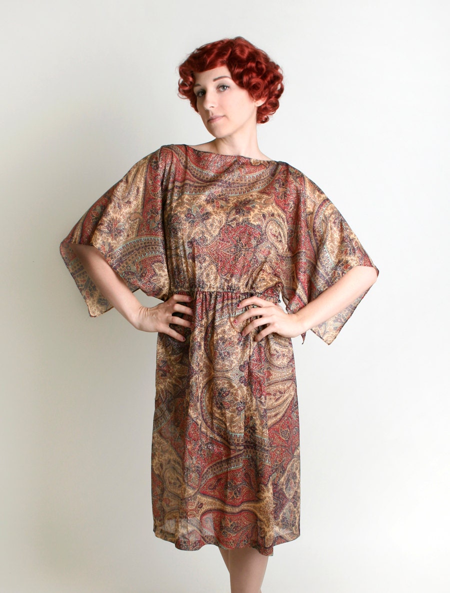 1970s Bohemian Paisley Dress - Vintage Sheer Goddess Golden Thread Dress - XL