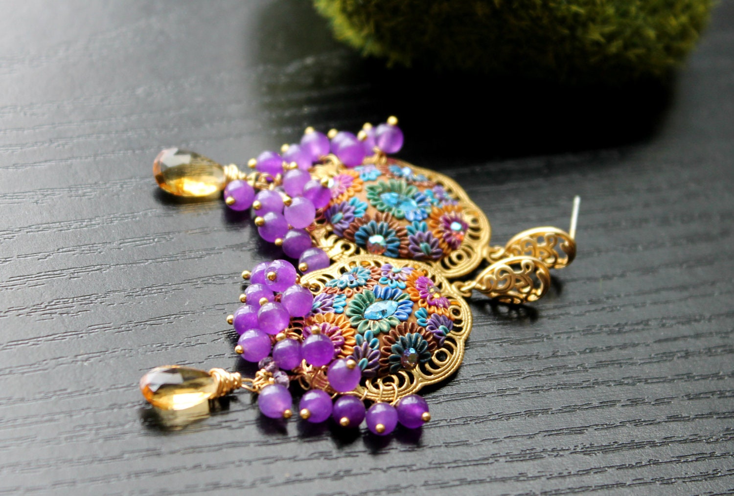 Beautiful Sunny Citrine, purple Jade and clay floral earrings with vintage Filigree and swarowski crystals -  Fragrance of  Lavender