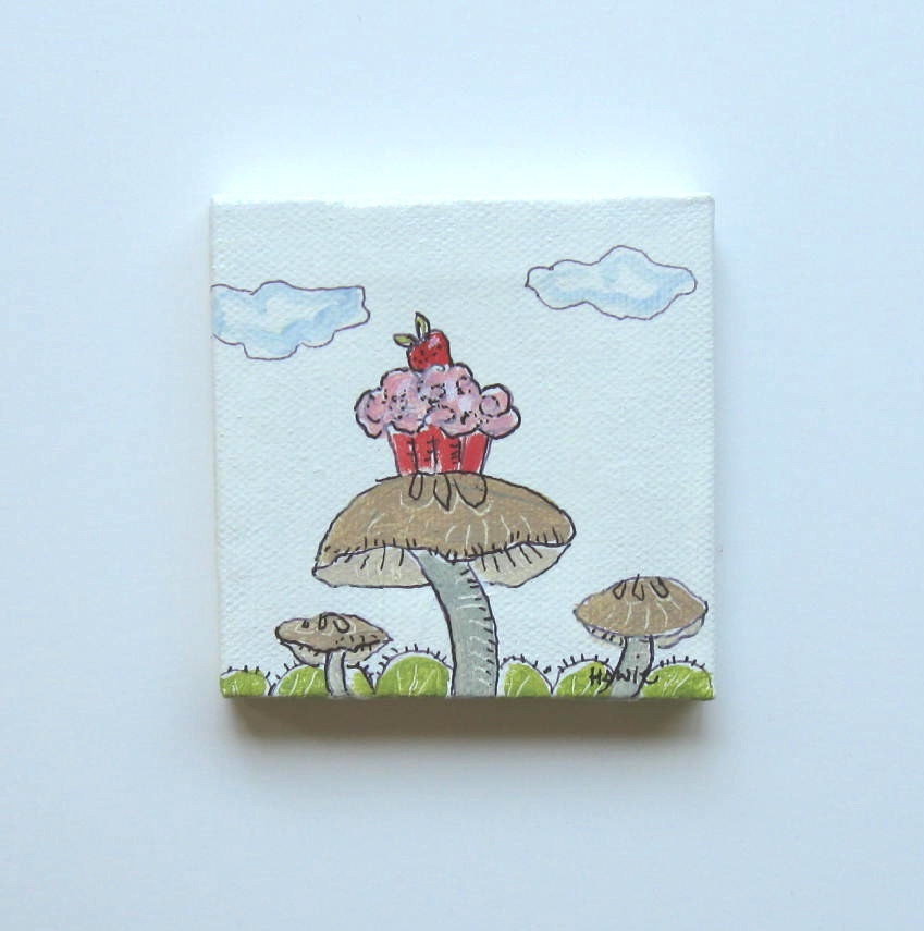 Cupcake Painting, Mini Canvas, Mushrooms, Miniature Painting, strawberry, original acrylic, easel, whimsical, home decor