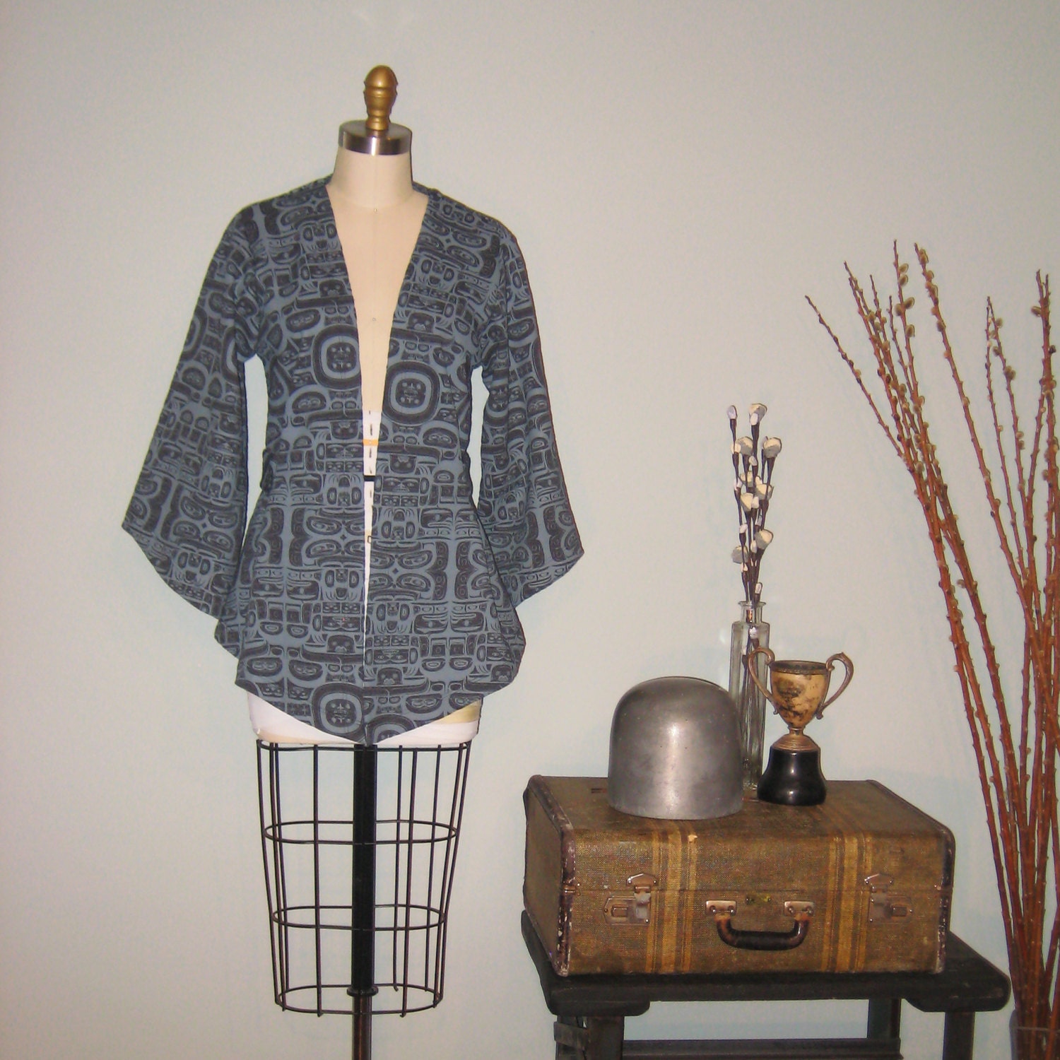 Oversize, long draped cardigan with pockets in eco-friendly blue grey Totem print - Hartley Cardigan - ready to ship