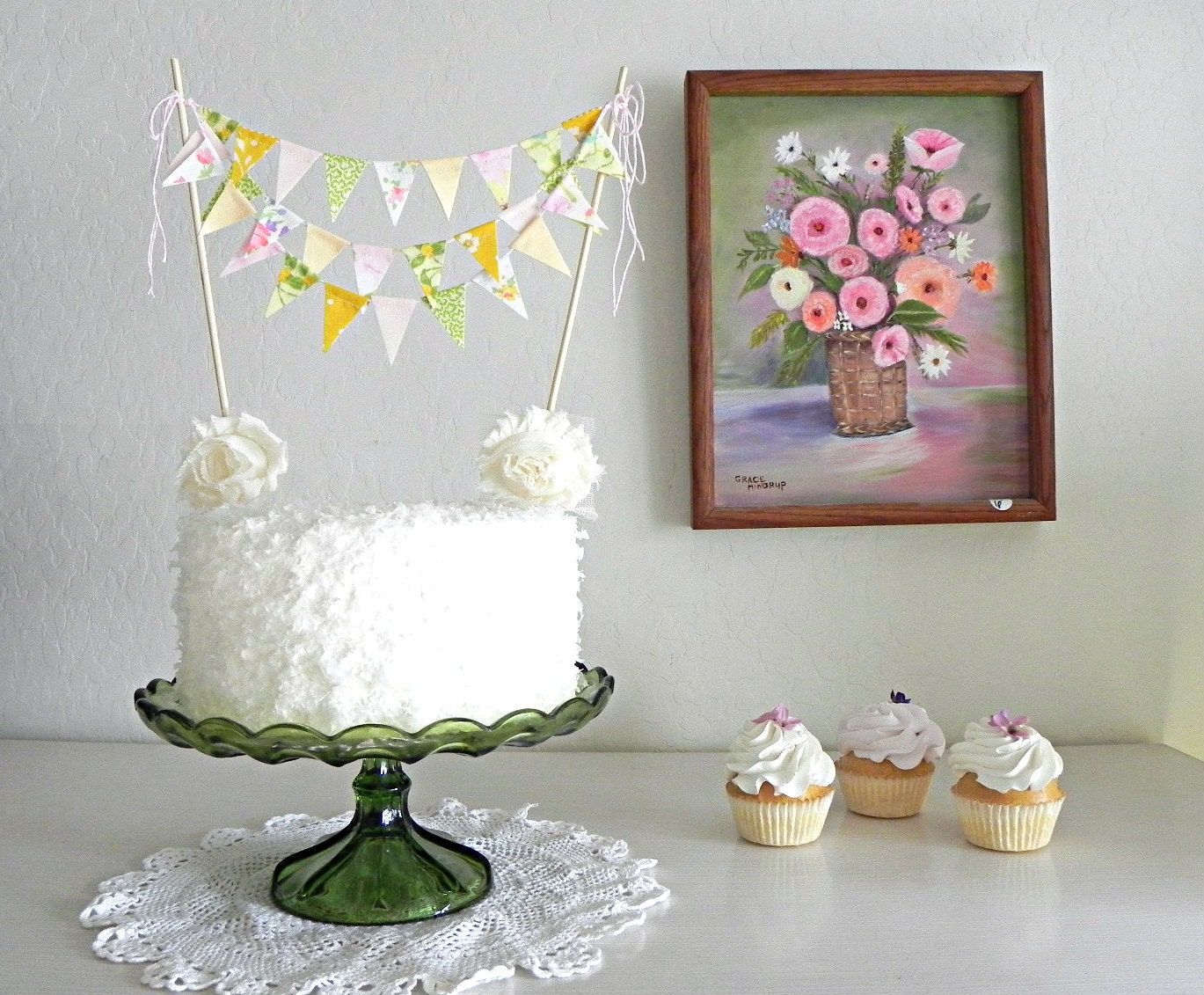 Pink Sweet Pea Green and Mustard Fabric Bunting Cake Topper Decoration / Romantic Vintage Wedding Il_570xn