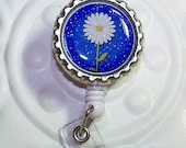 Retractable Badge Reel Bottlecap ID Badge Holder Teacher Lanyard Daisy Flower Royal Blue