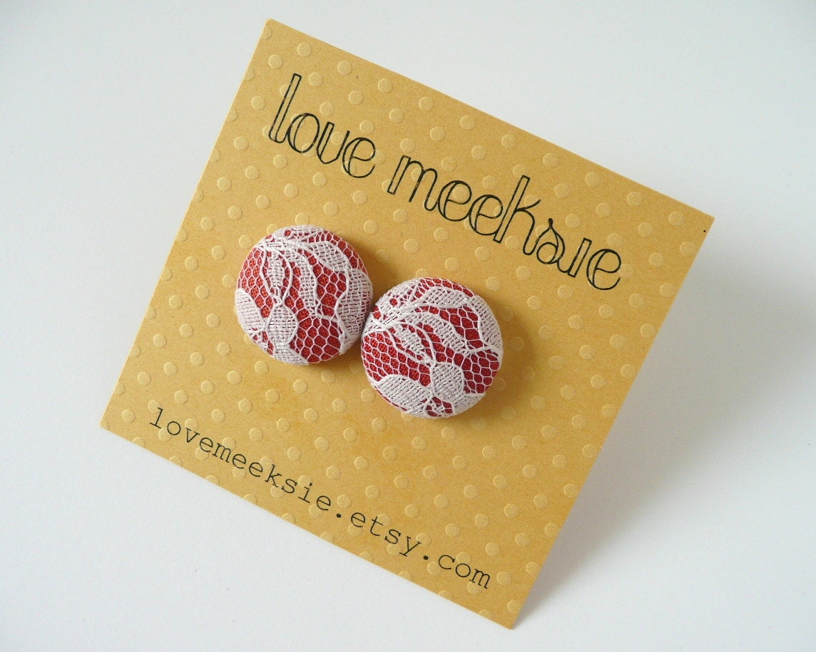 lace button earrings - rust orange fabric with ivory white lace - 2cm