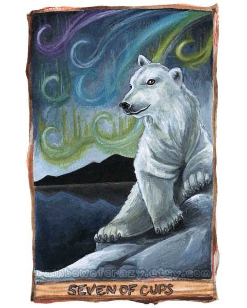 Polar Bear Print, Tarot Card Art, Seven of Cups, 8x10 Wall Art, Northern Lights Picture, Animal Illustration