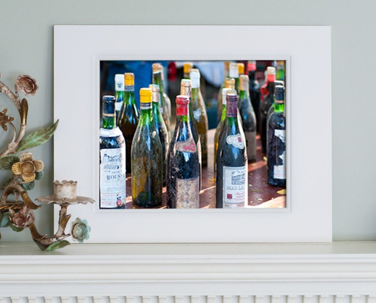 Paris Photo - Vintage Wine Bottles, 8 x 10 Matted Fine Art Photograph, Kitchen Art, Home Decor
