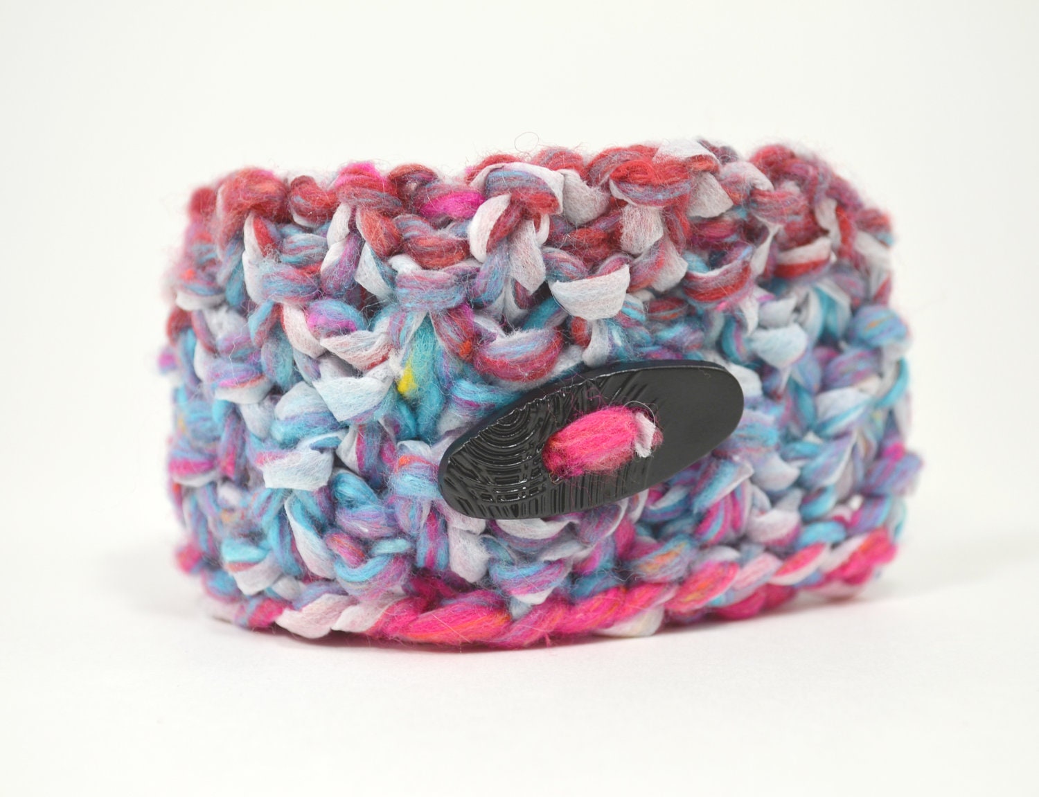 Anklet, Large Bracelet, Hand Knit Fiber, Button Closure, Blue, Scarlet, Hot Pink, Gift under 30