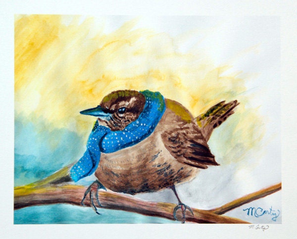wren art, bird painting, bird art, woodland art, woodland nursery, bird nursery art, bird on a branch