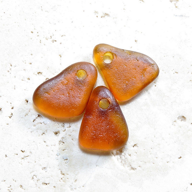 Genuine Sea Glass Pendants - Light Rootbeer Brown - 3 Top-Drilled