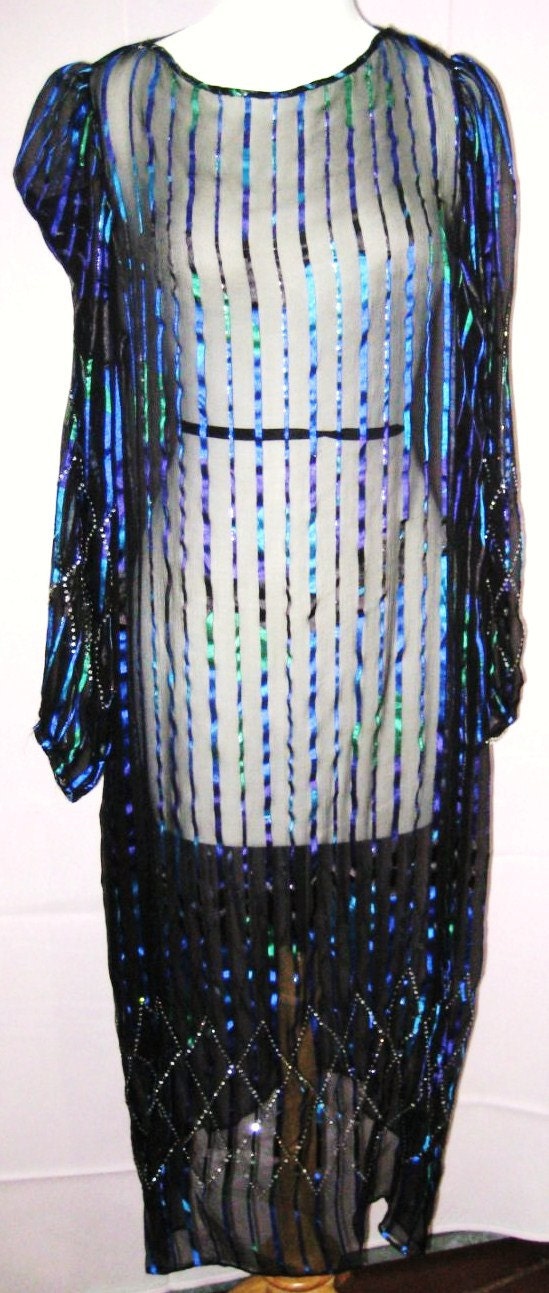 Vintage-Cocktail Dress-Midnight Blue-Blue Silk Dress-Custom Made Silk Dress-Long Sleeved Silk-Rhinestone- Dress-M