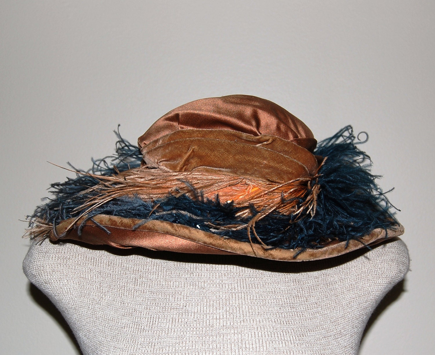 Vintage Edwardian Velvet Silk Wide Brim Hat with Ostrich Feathers