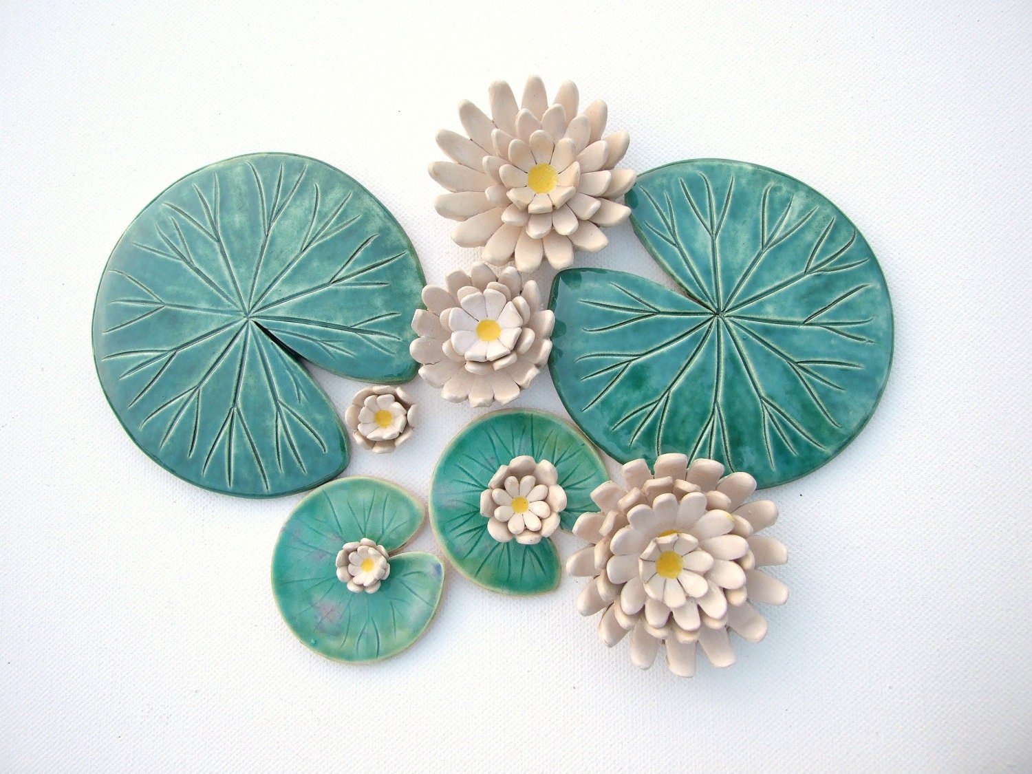 Set of Lily pad coasters and lily flowers ceramic green leaf summer time Waterlily emerald Spring green