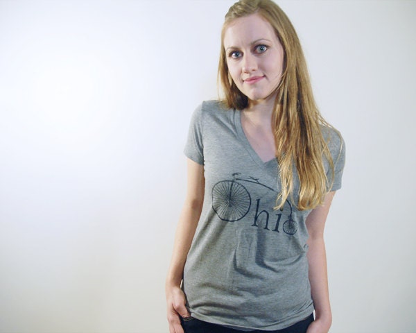 Heather Grey Womens V-Neck Ohio Bike Tshirt, Screenprinted Tshirt, Grey Triblend, Vintage Bike Tshirt