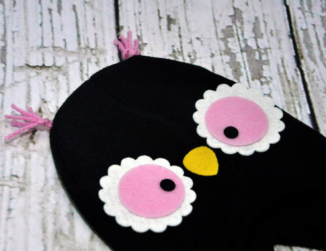Owl Earflap Hat in Black & Pink